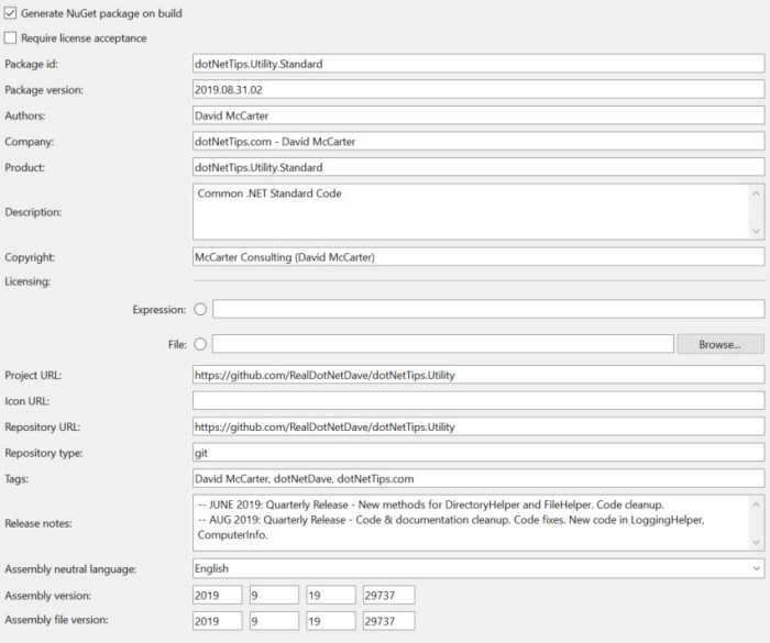 VS 2019-PACKAGE INFORMATION